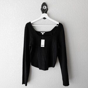 NWT Bar III Crop Top Size Large Black Long Sleeve Square Neck Stretch Knit